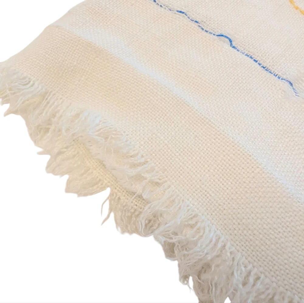 VINTAGE Dish Towel Embroidered Linen Farmhouse Floral White Yellow Blue